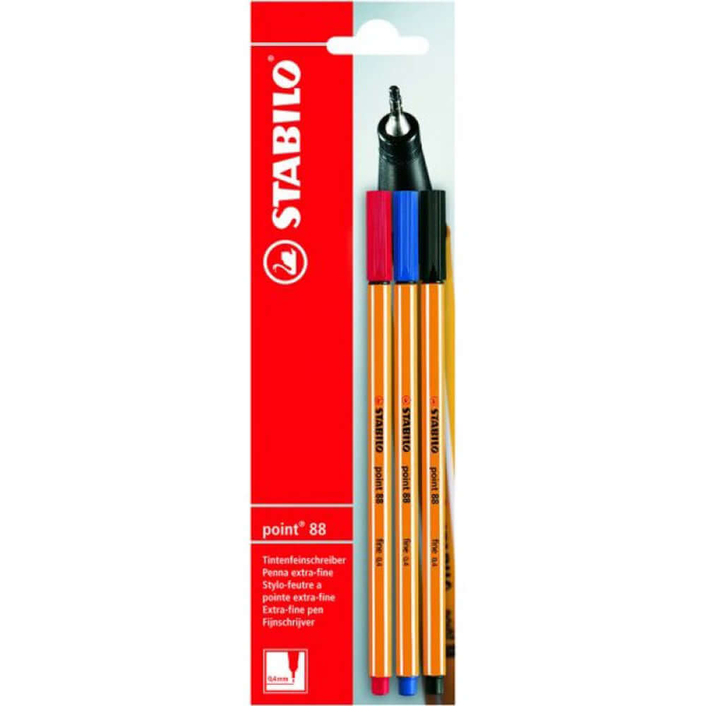 Fineliner Stabilo Point 88, 0.4 mm, 3 culori, negru, rosu, albastru, blister Fineliner Stabilo Point 88, 0.4 mm, 3 culori, negru, rosu, albastru, blister